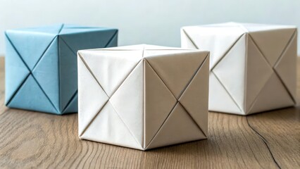Three origami-style boxes in soft colors (blue and white) sit on a wooden surface, showcasing geometric patterns and a minimalist aesthetic.