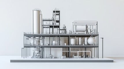 Urban industrial block with pipes and tanks, isolated on smooth grey