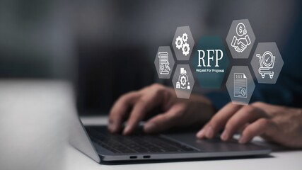 A business person using laptop with RFP, Request for Proposal Business Concept.