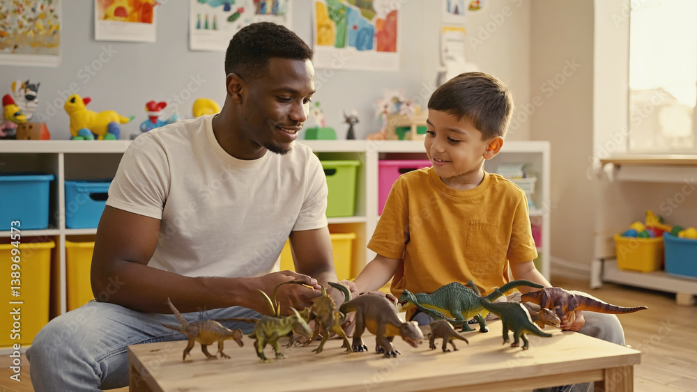 Poster a man and a boy having fun with toy dinosaurs, perfect for a nostalgic or retro-themed scene
