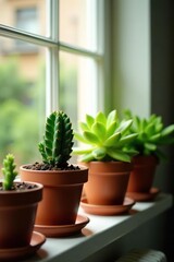 Green succulent plants in terracotta pots sitting on a window sill, natural light streaming in,  gardening,  home decor