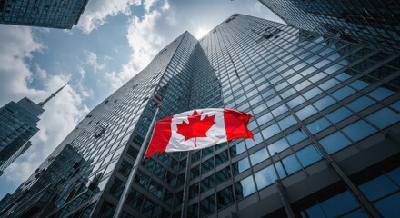 Canadian flag waving in front of modern skyscrapers in a city on a sunny day with blue sky