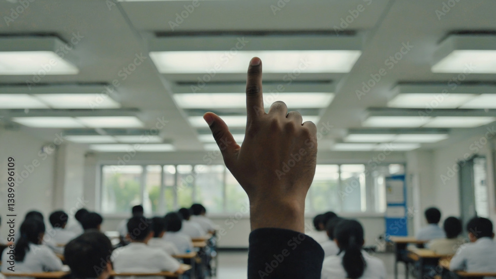 Poster a student points out a concept on the blackboard in a classroom, suitable for educational or teachin