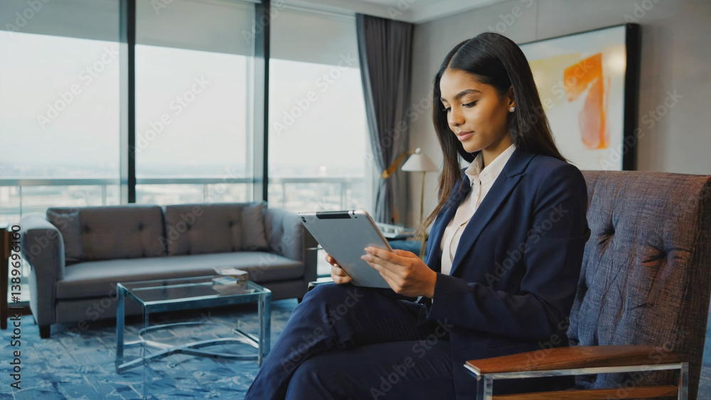 Poster a woman sits in a chair and uses a tablet computer, possibly working or browsing