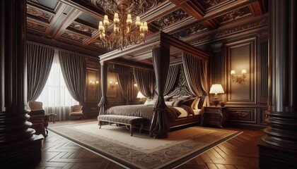 A luxurious master suite with coffered ceilings velvet drapes an