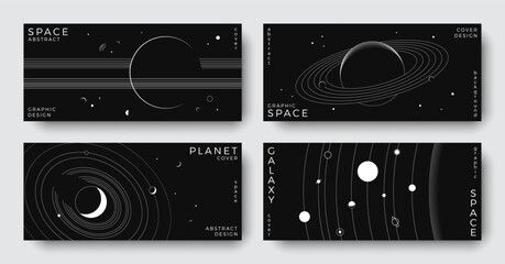 Set of abstract space horizontal backgrounds. Line art galaxy, solar system, planet, black hole. Science future concept. Astronomy minimalist design for cover, poster, layout, banner, flyer, brochure © Anastasiya Stoma