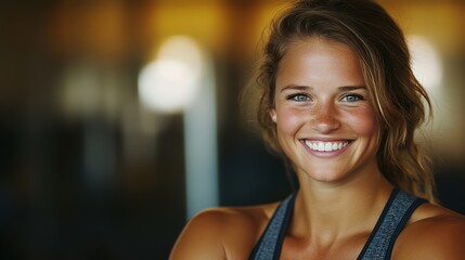 Fototapeta premium Confident woman smiling, radiating health and strength, with a blurred gym background. 
