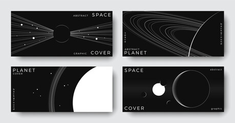 Set of abstract space horizontal backgrounds. Line art galaxy, solar system, planet, black hole. Science future concept. Astronomy minimalist design for cover, poster, layout, banner, flyer, brochure
