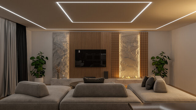 Modern living room with a minimalist design, featuring a modular gray sofa and a wall-mounted TV with textured panels and a fireplace.