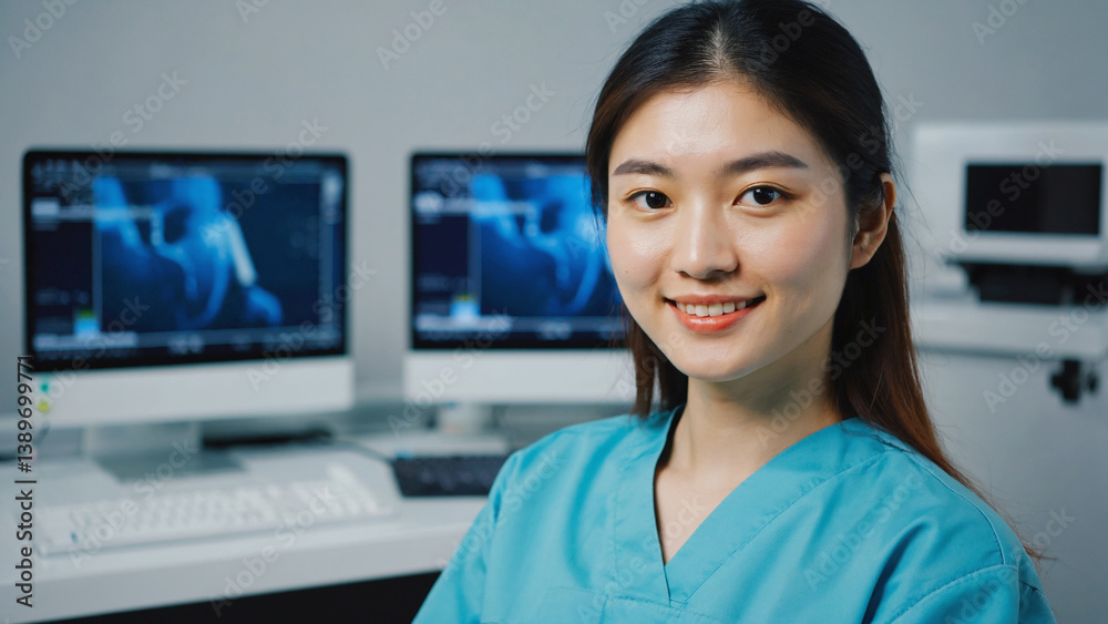 Poster a woman stands in front of two computer monitors, likely working or studying