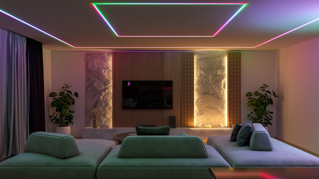 Modern living room with prominent RGB LED lighting outlining the ceiling and accentuating textured walls