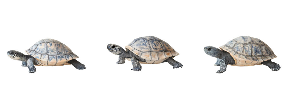 A calm turtle with a patterned shell walking slowly across a transparant background, side profile