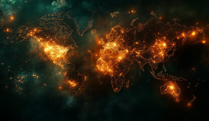 A digital map of the world with glowing lines connecting various points, representing global connectivity