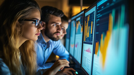 Portrait of Two Creative Young Female and Male Engineers Using digital screen to Analyze and Discuss How to Proceed with the Artificial Intelligence Software Standing in High Tech Res : Generative AI