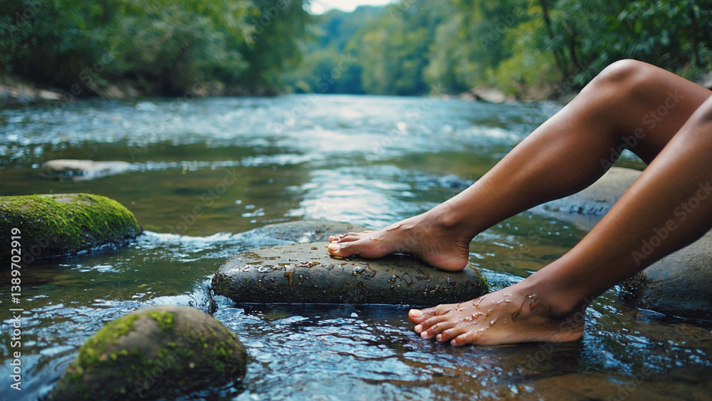Poster a person sits on a rock in the middle of a river, surrounded by calm waters