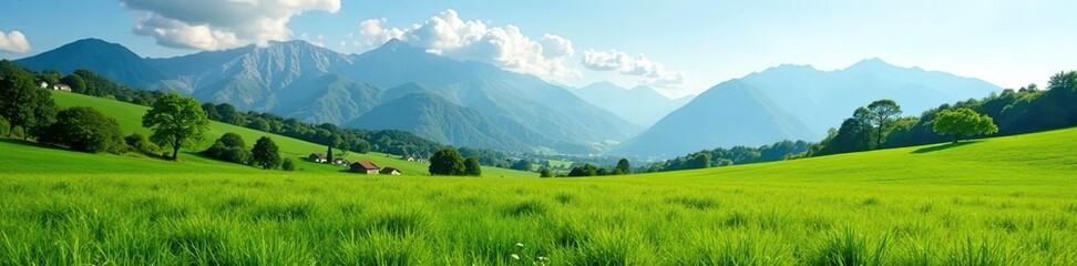 Obraz premium Countryside landscape with lush green field and majestic mountains in the background, isolated, mountains