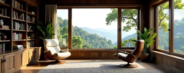 Cozy home office with rustic bookshelves overlooking trees and hills through window,  teams,  cozy