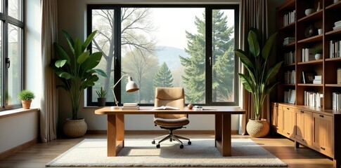 Cozy home office with scenic bookshelf, window views of trees, rustic wood, and virtual meeting backdrop,  rustic wood,  trees