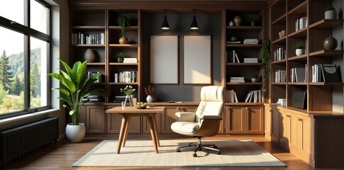 Cozy home office with rustic wood bookshelves, scenic window view, and virtual meeting backdrop,  trees,  hills