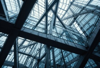 Arquitectura urbana centrada en la intersecci&oacute;n de vigas de acero, paneles de vidrio y simetr&iacute;a