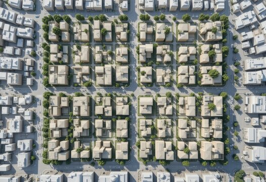 Perspectiva de arriba hacia abajo de un plan maestro urbano que muestra dise&ntilde;os de cuadr&iacute;cula 