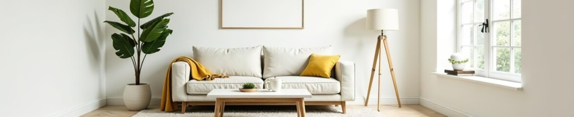 Cozy living room with white walls, sofa, coffee table, carpet, green plants in vases, lamp stand, yellow blanket, light-colored decor,  lamp stand,  coffee table