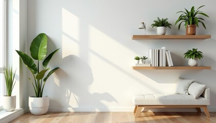 Cozy minimalist shelves with houseplants and books, perfect for virtual meetings and sophisticated backgrounds,  minimalistic,  living room