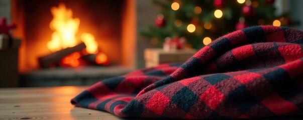 Cozy plaid blanket beside crackling fire in warm Christmas setting,  comfort,  fire