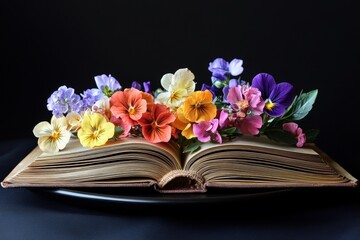 Open book displaying assortment of vibrant colorful flowers on a dark surface