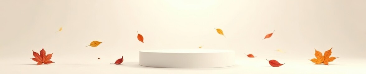 Cream colored podium with autumn leaves falling on white background in studio setting,  serene,  autumn