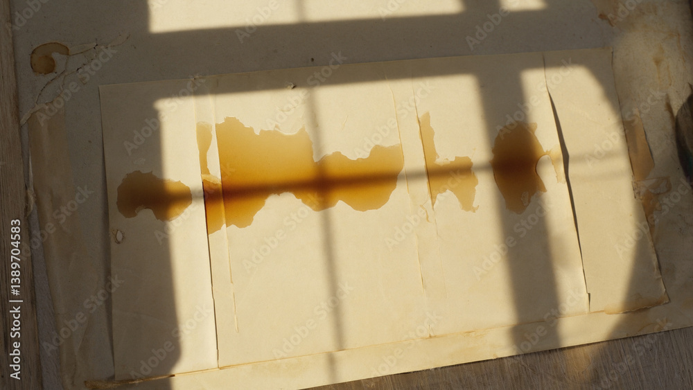 Poster a brown stain on a piece of paper, likely from a leaky pipe or spill, sits next to an open window