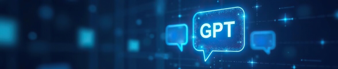 Creative GPT chat hologram with speech bubbles on blurred blue background, showcasing AI technology communication,  hologram,  blue background