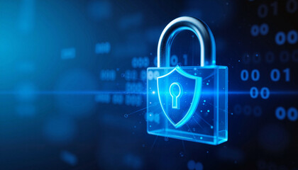 Digital lock with shield icon on blue background, secure internet concept