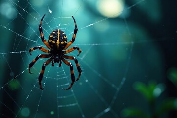 Creepy and intricate Halloween spider web banner with black spiders crawling on cobweb background,  black spiders,  October