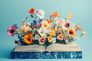 A vibrant arrangement of colorful flowers rests upon an open book