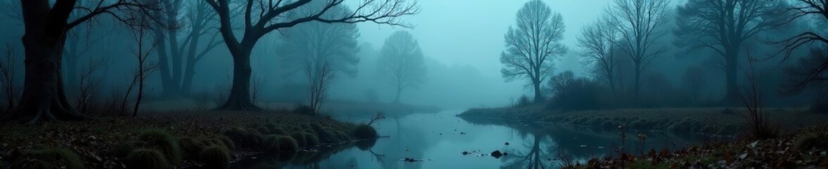 Creepy landscape featuring misty dark swamp with eerie autumn atmosphere,  murky,  tranquil