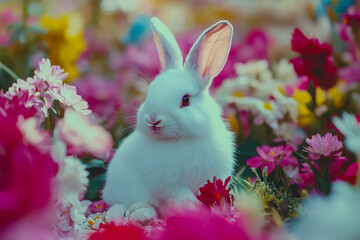 A sweet, fluffy bunny sitting peacefully amidst a vibrant array of colorful flowers, exudes a charming aura.