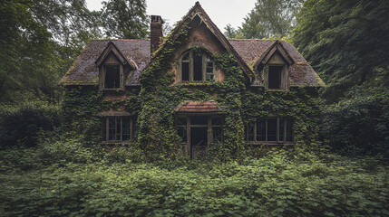 Fototapeta premium Abandoned house with ivy covered walls and cracked windows