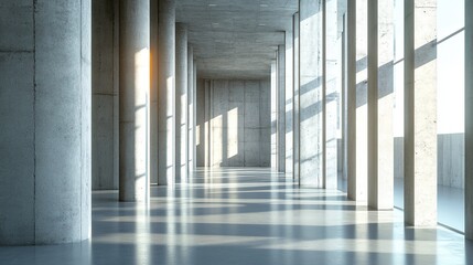Modern Concrete Hall with Glowing Windows, Abstract Architectural Space
