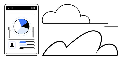Mobile interface showing analytics pie chart, user stats, and cloud design indicating data syncing, digital storage, and online systems. Ideal for technology, apps, data, analysis cloud
