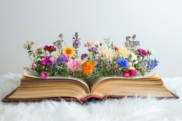 Colorful flowers growing within the pages of a vintage book