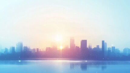 City skyline sunrise over water, tranquil view, possible use for background design