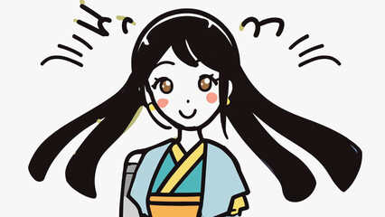 A woman wearing traditional Japanese clothing, standing still with a calm expression