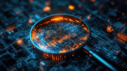 "A Perspective View of a Glowing Digital Magnifier in a Technological Circle, Surrounded by Microcircuit Lines – Symbolizing Global Search, Innovation, and Data Exploration"

