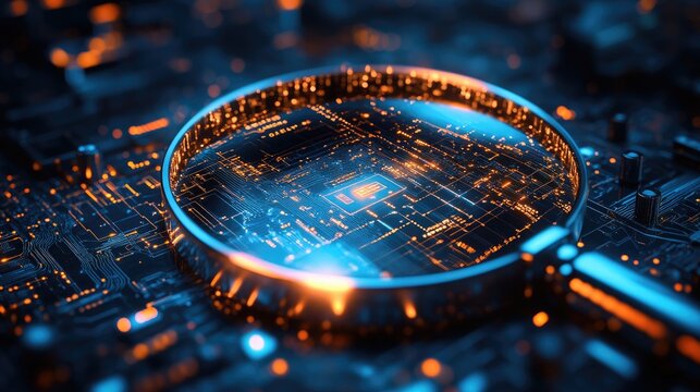 "A Perspective View of a Glowing Digital Magnifier in a Technological Circle, Surrounded by Microcircuit Lines – Symbolizing Global Search, Innovation, and Data Exploration"

