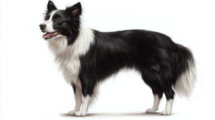 Black and white Border Collie standing against white background.  Possible use Pet, animal, breed, dog, poster, etc