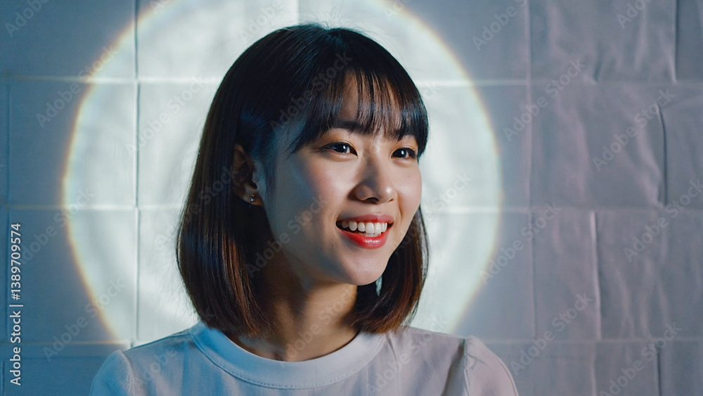 Poster a woman is smiling in front of a circular light