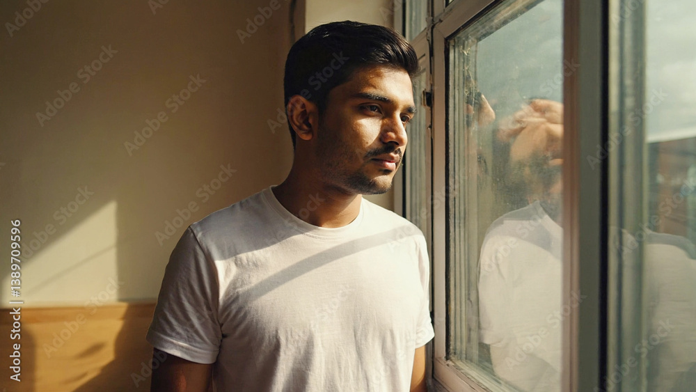 Poster a person gazing out the window with a thoughtful expression