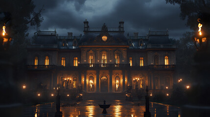Naklejka premium Majestic baroque mansion with ornate balconies and glowing lights