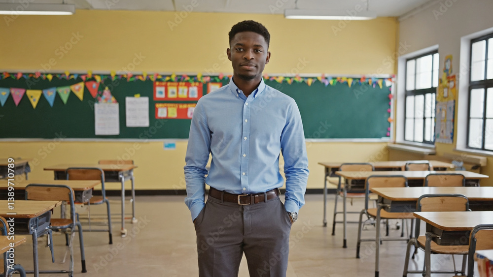 Poster A man stands in front of a classroom filled with desks, ready for instruction